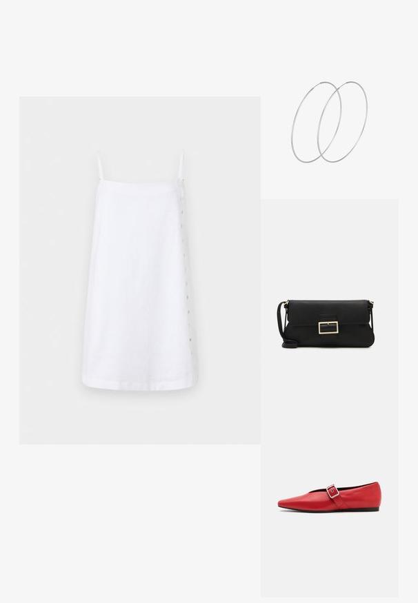 Witte linnen jurk met dunne straps, rechte snit en een zijknopsluiting. Gladde textuur met een minimalistisch ontwerp.; Rode leren platte schoen met een spitse neus, voorzien van een zijkant band met een metalen gesp en een lage zwarte hak. Gladde textuur overal.; Zwarte leren clutch met een klep en een gouden metalen sluiting. Inclusief een zwarte schouderband en een slank, minimalistisch ontwerp.; Zilveren hoepel oorbellen met een minimalistisch ontwerp. Cirkelvormig, gladde textuur en dun profiel. Lichtgewicht met een gepolijste afwerking.