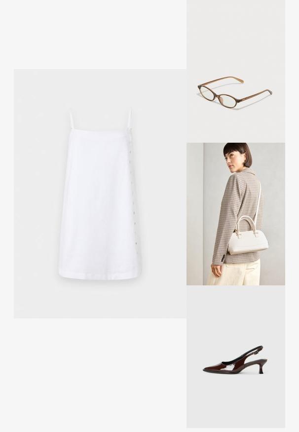 Valge linane kleit õhukeste rihmadega, sirge lõikega ja külje nööpdetailiga kinnitamiseks. Sile tekstuur ja minimalistlik disain.; Pruun patentnahast slingback tossud terava nina ja mõõduka kandega. Omab pandla rihma kindla istuvuse tagamiseks. Sile tekstuur.; Pruunid kilpkonnaläätsed ovaalsete objektiividega, õhukesed kaared ja läbipaistvad aktsendid. Templi peal on peene logoga. Sujuv, kergesti kandmiseks mõeldud disain.; Valge struktureeritud käekott lühikeste käepidemete ja õlavööga, millel on kuldse riistvara aktsendid ja tekstuuriga materjal, eksponeeritud halli taustal.