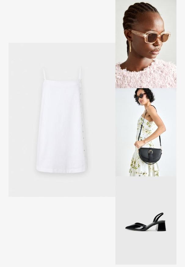 Baltas lina kleita ar plānām siksnām, taisnu griezumu un sānu pogu detaļu aizdarei. Gluda tekstūra ar minimālistisku dizainu.; Melna lakota āda ar atvērto papēdi, ar smailu purngalu un ģeometrisku blokpapēdi. Iezīmējas elegants, minimāls dizains un gluda tekstūra.; Beige pārspīlētas saulesbrilles ar caurspīdīgu rāmi un brūnām tonētām lēcām, ar smalkām ziedu akcentiem un izteiksmīgu ģeometrisku dizainu.; Melnas ādas rokassoma ar izliekta formu, noņemamu siksnu un zelta aksesuāriem. Somai ir vāciņš ar sprādzes detaļu.