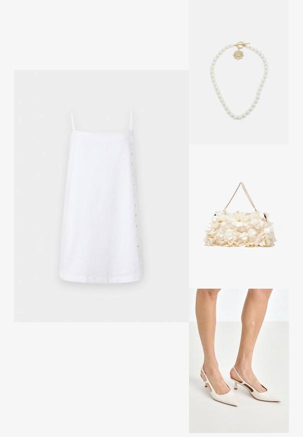 Biele ľanové šaty s tenkými ramienkami, rovného strihu a bočnými gombíkovými detailmi na zapínanie. Hladká textúra s minimalistickým dizajnom.; Bežové lakované lodičky na podpätku so špicatou špičkou a 5 cm podpätkom, s výrezmi po stranách a tenkým remienkom okolo členka.; Biela kvetinová taška s nariaseným textilným povrchom, zlatým reťazovým popruhom a kovovým zámkom. Obsahuje textúrované okvetné lístky pre väčší detail.; Lauren Ralph Lauren COLLAR - Náhrdelník - gold-coloured/white