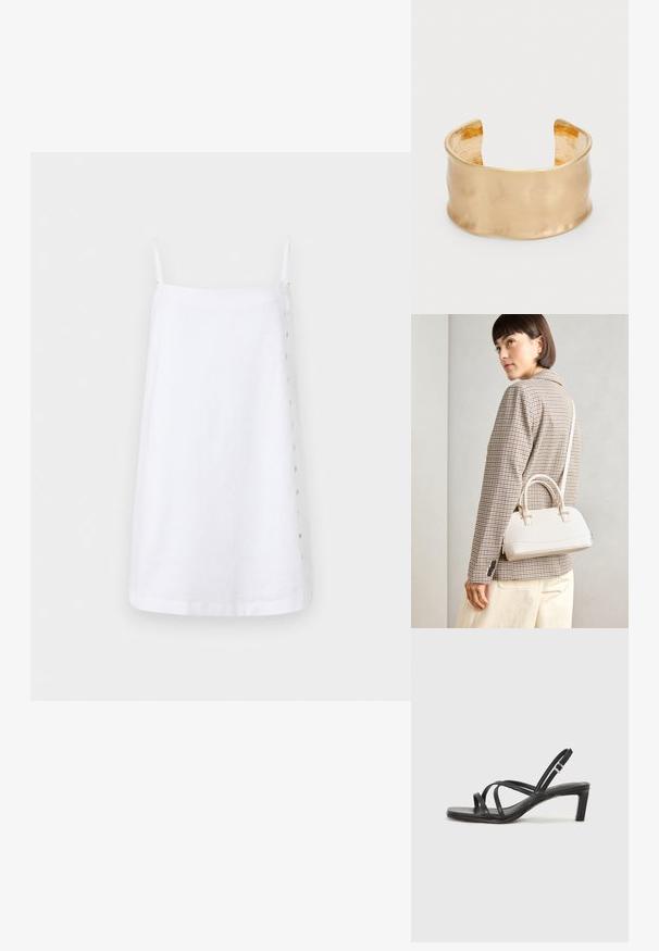 Weißes Leinenkleid mit dünnen Trägern, geradem Schnitt und seitlichem Knopfverschluss. Glatte Textur mit minimalistischem Design.; Schwarze Sandale mit Riemchen, quadratischer Zehenform und niedrigem Blockabsatz. Verfügt über mehrere dünne Riemen und einen verstellbaren Knöchelriemen. Hergestellt aus glattem Leder.; Weiße strukturierte Handtasche mit kurzen Griffen und einem Schultergurt, ausgestattet mit goldfarbenen Hardware-Elementen und strukturiertem Material, vor einem grauen Hintergrund präsentiert.; Goldfarbener Armreif mit einer glatten, gewellten Oberfläche, einem strukturierten Innenraum und einem offenen Design, das eine organische Form schafft.