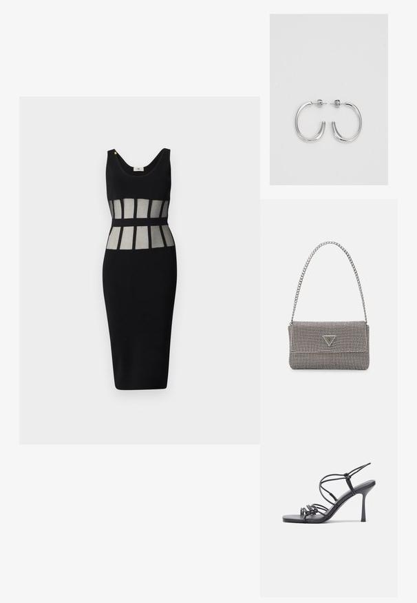 Vestido negro ajustado con escote en forma de barco, que presenta paneles transparentes con patrones geométricos en la cintura y una silueta entallada.; Las sandalias negras de tacón alto presentan finas correas con un diseño anudado, una punta cuadrada suave y un elegante tacón de aguja.; Bolso de mano metálico gris claro con una cadena como asa, adornado con pequeños remaches metálicos circulares y un logotipo de marca en forma triangular.; Aros de plata en forma de aro con un acabado liso y brillante. Diseño redondeado y ligero, con cierre de tipo post-back.