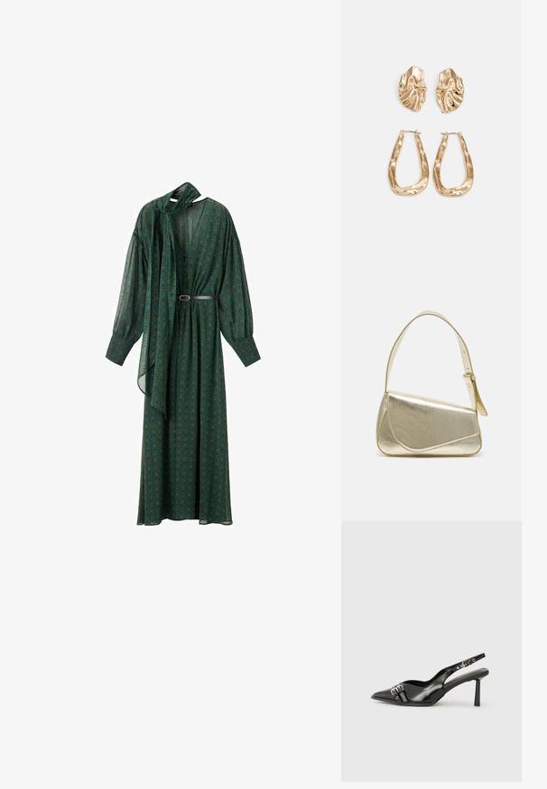 Pitkä vihreä mekko kukkakuviolla, jossa on nauhukaulus, volyymikkaat hihat ja vyö, joka korostaa vyötäröä. Valmistettu kevyestä kankaasta.; Musta patenttinen nahkainen slingback-kengät, joissa on terävä nenä, nilkkahihnat hopeisilla soljilla ja varusteilla sekä hoikka korko.; Kultainen metallinen käsilaukku, jossa on jämäkkä muotoilu, sileä pinta ja säädettävä olkahihna. Sisältää ainutlaatuisen kolmiomaisen muodon ja minimalistisen tikkaustyylin.; Korukultainen korvakorut, joissa on teksturoituja, aaltoilevia muotoja. Mukana on veistokselliset klipsikorvakorut ja avoin rengasmalli, jossa on vasaroitu pinta.