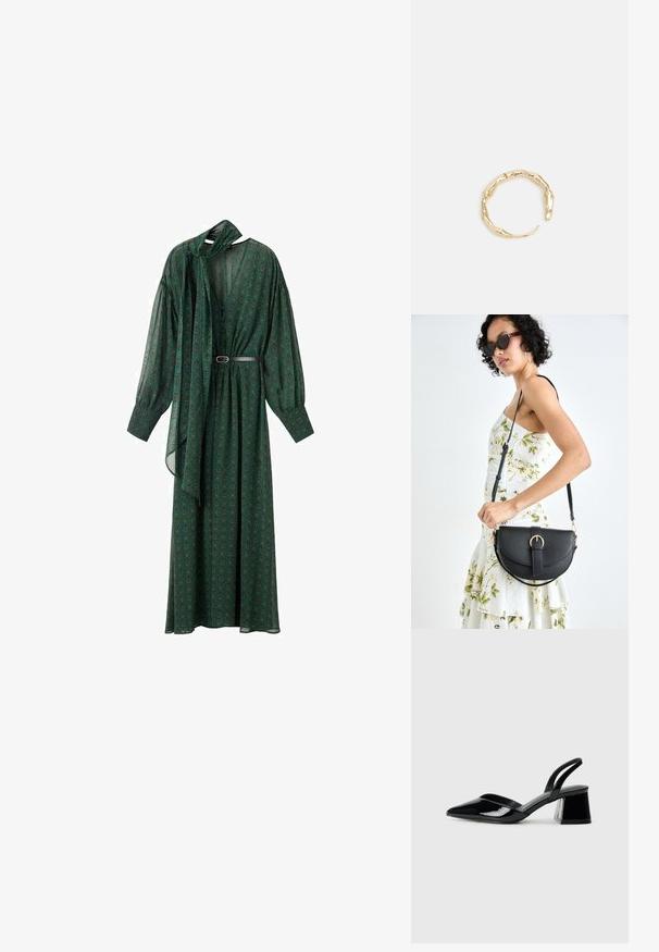 Długa zielona sukienka w kwiatowy wzór, z wiązaniem przy szyi, objętościowymi rękawami i paskiem podkreślającym talię. Wykonana z lekkiego materiału.; Czarne lakierowane półbuty na obcasie z wydłużonym noskiem i geometrycznym słupkiem. Charakteryzują się eleganckim, minimalistycznym designem oraz gładką fakturą.; Czarna skórzana torebka o zakrzywionym kształcie, z odpinanym paskiem i złotymi akcentami. Torebka posiada klapę z zapięciem w kształcie klamry.; Pierścionek w odcieniu złota z organicznym, skręconym wzorem, o gładkiej fakturze i zwężających się końcach, tworzący nowoczesny, rzeźbiarski wygląd.