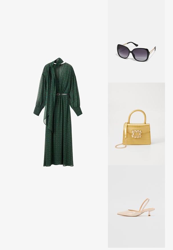 Duga zelena haljina s cvjetnim uzorkom, koja ima povesnicu za vezivanje oko vrata, voluminozne rukave i remen koji naglašava struk. Napravljena je od laganog materijala.; Bež sandale od lakirane kože s uskim vrhom i tankim, kvadratnim potpeticom. Glatka tekstura i minimalistički dizajn bez ukrasnih detalja.; Crne prevelike sunčane naočale s gradijentnim lećama, debelim okvirom i zlatnim lancem kao detaljem na krakovima.; Žuta torbica od umjetnog krokodila sa strukturiranim dizajnom, gornjom ručkom, odvojivim lančićem i dekorativnim kristalnim ukrasom na kopči.