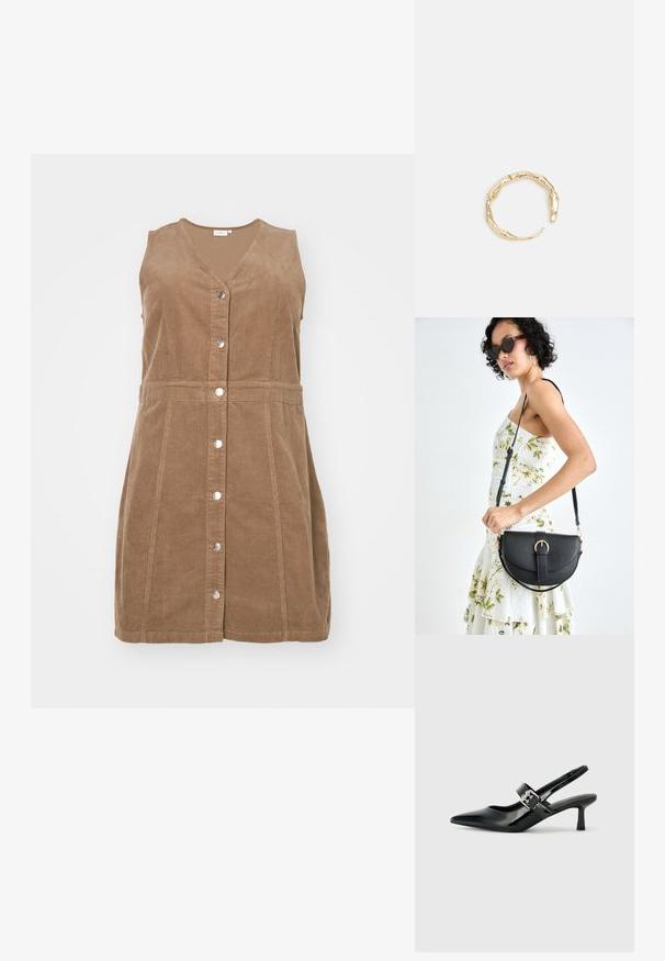 Ruda velveto suknelė su V formos iškirpte, be rankovių ir priekyje esančiu sagčių uždarymu. Žymi vertikalūs siūlai ir prigludusi juosmens linija.; Juodai lakuoti slingback aukštakulniai su smailiu kojų pirštu ir mažais blokiniais kulniukais, su sidabro sagtimi ant dirželio.; Juodas odinis krepšys su išlenkta forma, nuimamu dirželiu ir auksiniais detalėmis. Krepšys turi kilpą su sagtimi.; Auksinės spalvos žiedas, turintis organišką, sukimosi dizainą su lygiu paviršiumi ir siaurėjančiais galais, sukuriantis modernią skulptūrinę išvaizdą.