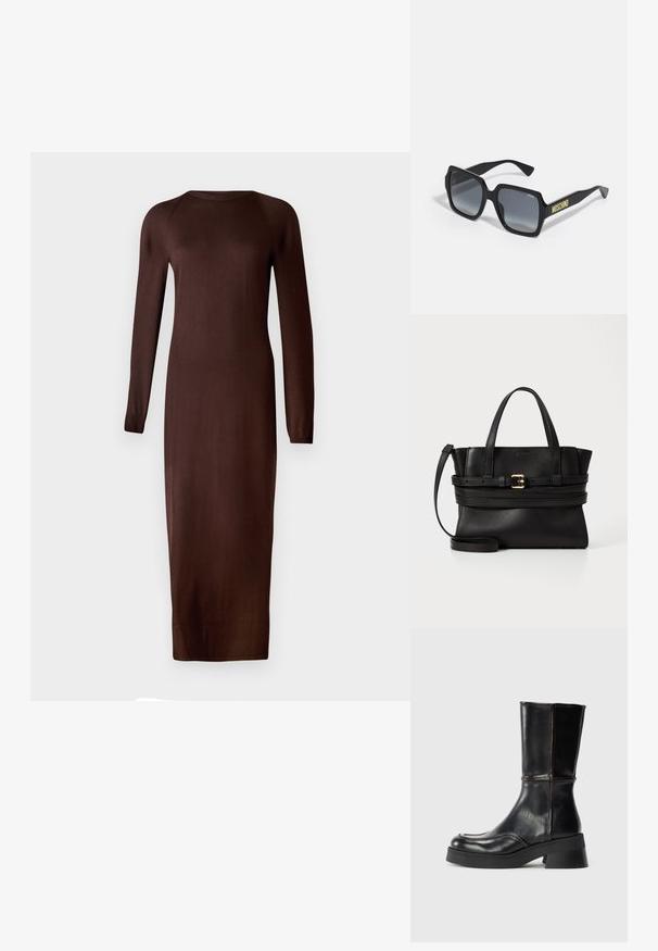 Ruda, ilgomis rankovėmis megzta suknelė su apvaliu iškirpimu ir prigludusiu siluetu, siekiančiu iki kirkšnies. Minkšta, lygi tekstūra su minimaliais detalėmis.; Juodos odinės kulkšninių botų su bloko aukščiu, su kontrastingais siūlais ir kreivuoju pirštu dizainu. Lygus paviršius, elegantiška siluetas.; Juodi kvadratiniai akinių rėmeliai su gradientiniais pilkais objektyvais; turi subtilius akcentus ir geltoną "MOSCHINO" prekinį ženklą ant rankenos.; Juodas odinis rankinukas su struktūrizuota forma, dviem viršutinėmis rankenomis, nuimamu dirželiu ir auksiniu užsegimu horizontalioje juostoje.