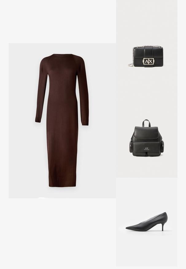 Ruskea, pitkähihaine neulemekko, jossa on pyöreä pääntie ja vartalonmyötäinen siluetti, ulottuen sääreen asti. Pehmeä, sileä rakenne ja vähäiset yksityiskohdat.; Musta teräväkärkinen korkokenkä, joka on valmistettu sileästä nahasta. Ominaisuuksiin kuuluu hoikka korko ja minimalistinen muotoilu ilman näkyviä koristeita.; Musta nahkareppu, jossa on läppä suljenta, etutasku, sivu vetoketjutaskut ja yläkahva. Edessä logo-detailit.; Mustat nahkasalkut, joissa on tikattu malli, hopeaketjusovite ja näkyvä hopeinen "AX"-logo edessä. Kompakti suorakulmainen muoto.