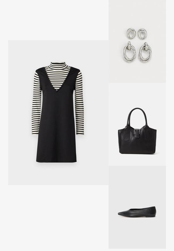 Črna obleka z V-izrezom, plastena preko črtastega puloverja z dolgimi rokavi. Obleka ima gladko teksturo in oprijet kroj.; Črne usnjene balerinke, koničast toe, minimalističen dizajn, gladka tekstura, nizka peta, brez vidnih kovinskih delov ali okraskov.; Črna usnjena torba s gladko teksturo, strukturirano obliko, dvema ročkama in izrazitim srebrnim sponko na sprednji strani.; Nakit zlate barve iz kovine, ki vsebuje dva para oblik: zasukan kroglično uho in gladek kroglični uhani. Odsevna površina povečuje eleganco.