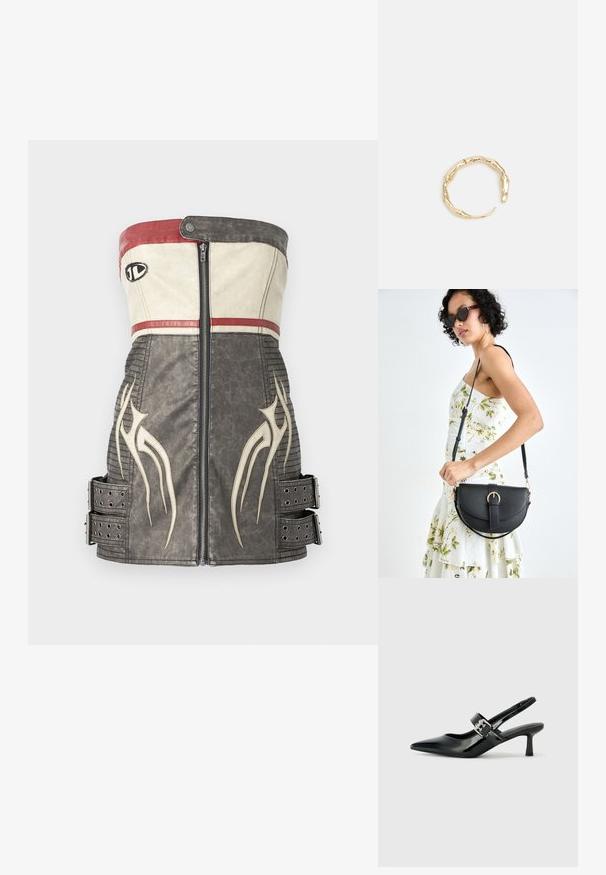 Bezramenný priliehavý vestník vyrobený z textúrovanej čiernej a béžovej kože, s červenými akcentmi, stredným zipsom a bočnými popruhmi s kovovými cvokmi.; Čierne patentové kožené sandále na podpätku so špicatou špičkou a malým blokovým podpätkom, s dekoratívnou striebornou sponou na remienku.; Čierna kožená kabelka s zaobleným tvarom, odnímateľným popruhom a zlatými doplnkami. Kabelka má klopu s detailom s prackou.; Prsteň v zlatej farbe s organickým, skrúteným dizajnom, hladkým povrchom a zužujúcimi sa koncami, vytvárajúci moderný, sochársky vzhľad.