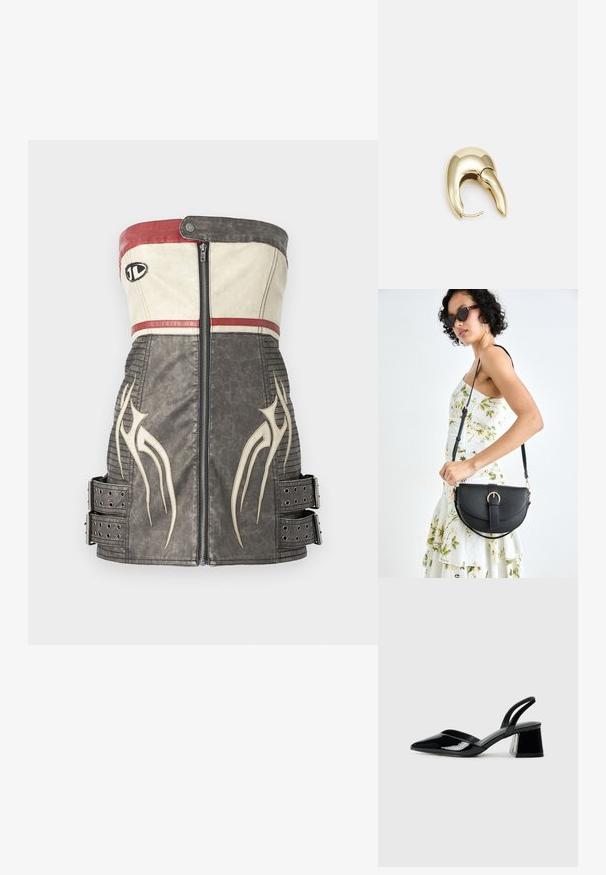 Vest fără bretele, ajustat, realizat din piele texturată neagră și bej, cu accente roșii, un fermoar central și curele laterale cu cuiere metalice.; Pantofi cu toc slingback din piele lacuită neagră, cu vârf ascuțit și toc geometric. Prezintă un design elegant, minimalist și o textură netedă.; Geantă din piele neagră, cu o formă curbată, curea detașabilă și accesorii aurii. Geanta are un capac cu un detaliu tip cataramă.; Cercei din metal de culoare aurie cu un design elegant și curbat. Prezintă o formă distinctivă, ascuțită, o suprafață lustruită și un sistem de închidere cu balama.