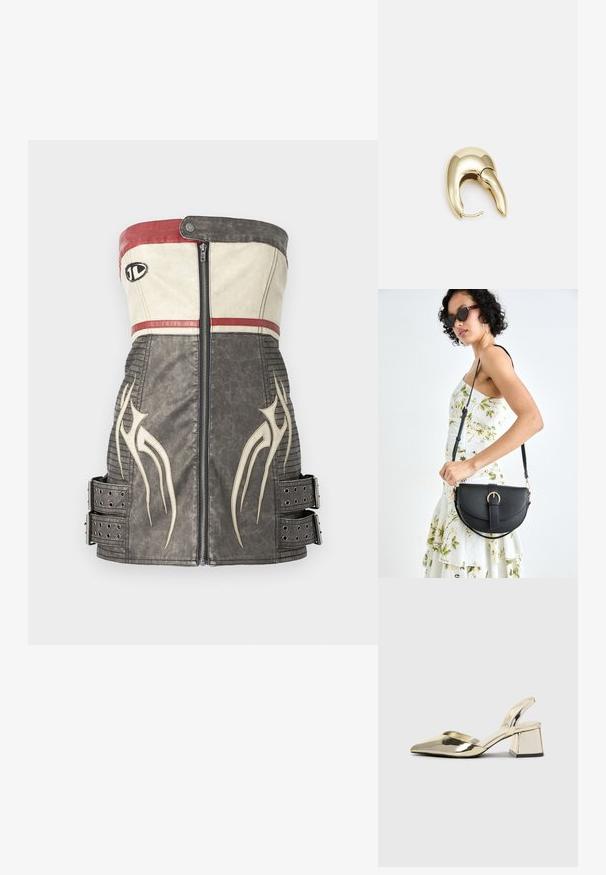 Prsluk bez naramenica, prilagođenog kroja, izrađen od teksturirane crne i bež kože, s crvenim naglascima, središnjim patentnim zatvaračem i bočnim trakama sa metalnim zakovicama.; Zlatni metalik slingback sandali s šiljatim vrhom i debelim potpeticama. Glatka tekstura, minimalistički dizajn i uski remen.; Crna kožna torba s lukovitim oblikom, odvojivim remenom i zlatnim detaljima. Torba ima preklop s kopčom.; Zlatne metalne naušnice s elegantnim, zakrivljenim dizajnom. Imaju karakterističan šiljast oblik, poliranu površinu i zatvaranje na šarku.