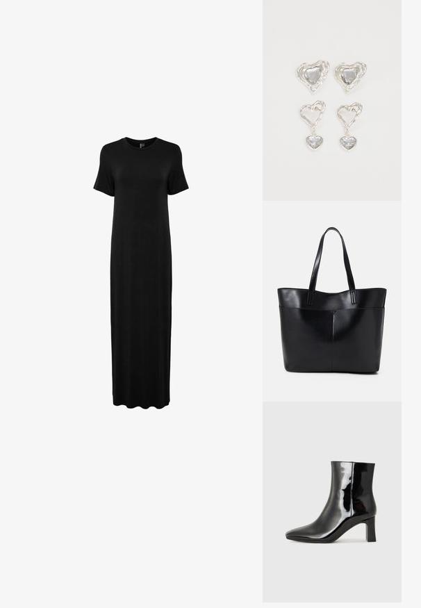 Svart, maxiklänning med kort ärm gjord av ett mjukt tyg, med rund halsringning och en rak siluett med en ren avslutning vid fållen.; Svart lackläder ankelboot med spetsig tå och en medelhög klack. Slät textur och minimalistisk design.; Svart läder tote-väska med två långa handtag, en slät yta och en strukturerad form. Har en framficka för extra förvaring.; Silvriga örhängen i hjärtform har slipade klara stenar och en texturerad ram. Setet inkluderar både stift- och hängande stilar.