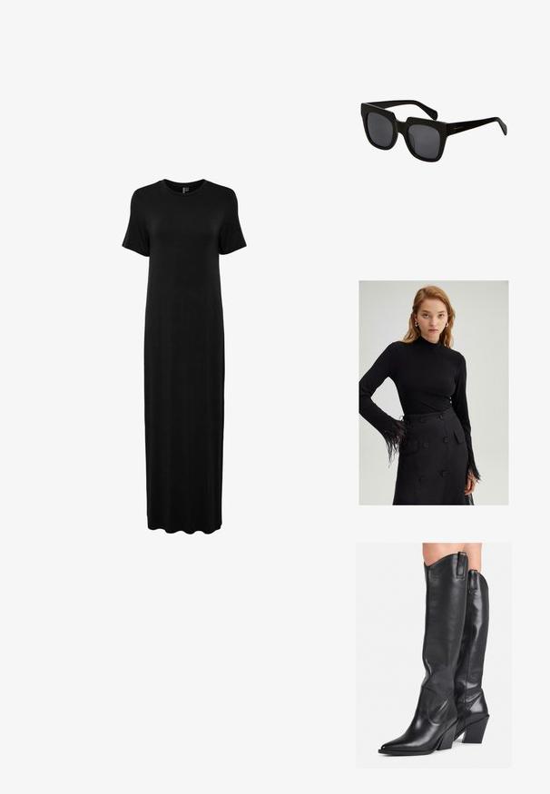 Czarna, krótko rękawowa maxi sukienka wykonana z gładkiego materiału, z okrągłym dekoltem i prostym krojem z czystym wykończeniem u dołu.; Czarna bluzka z długim rękawem, z wysokim kołnierzem i piórkowymi akcentami na mankietach, zestawiona z czarną spódnicą o wysokim stanie z dużymi guzikami.; Czarne skórzane kozaki sięgające do kolan z wąskim noskiem, wygiętym cholewką i grubym obcasem. Posiadają gładką fakturę oraz uchwyty u góry.; Czarne prostokątne okulary przeciwsłoneczne z grubymi plastikowymi oprawkami i ciemnymi soczewkami. Ramiona są smukłe, z błyszczącym wykończeniem i minimalnym brandingiem.; Czarna skórzana torebka o zaokrąglonym kształcie, z metalowymi elementami w kolorze złotym i górnym uchwytem. Posiada eleganckie zapięcie i gładką fakturę.