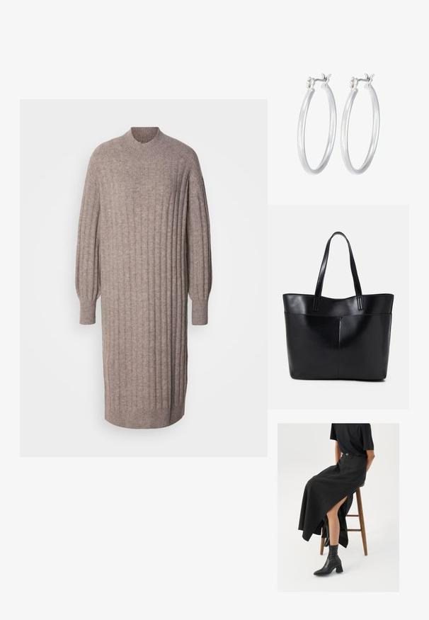 Pletené šaty v světle hnědé barvě, se svislými žebrovanými vzory, dlouhými rukávy s zužujícími se manžetami a vysokým kulatým výstřihem. Hladká textura.; Černá maxi sukně z lnu s vysokým rozparkem, nošená s černým tričkem a černými kotníkovými botami. Minimalistický design s volným střihem.; Černá kožená taška s dlouhými ušima, hladkým povrchem a strukturovaným tvarem. Obsahuje přední kapsu pro další úložný prostor.; Stříbrné kruhové náušnice s hladkým, lesklým povrchem. Kulatý tvar a bezpečné zapínání na klip. Lehký design vhodný pro každodenní nošení.