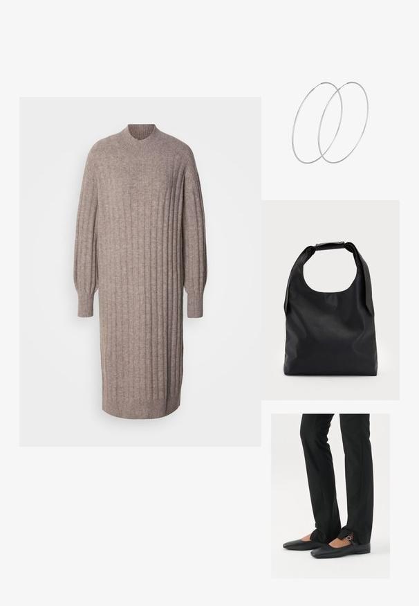 Neulepaitamekko vaaleanruskeana, jossa on pystysuoraa ribbitekstuuria, pitkät hihat kapeilla hihansuilla ja korkea pyöreä kaulus. Sujuva pinta.; Musta nahkakengät balettityylillä, kärjessä terävä muoto, hihna hopeasoljella, yhdistetty mustiin räätälöityihin housuihin, joissa on halkiohelma.; Musta nahkainen käsilaukku, jossa suuri avoin yläosa ja yksi olkahihna. Pehmeä pinta, minimalistinen muotoilu, hillityt metallikoristeet.; Hopehope hopeilla, joissa on minimalistinen muotoilu. Pyöreä muoto, sileä pinta ja ohut profiili. Kevyet ja kiillotetut.