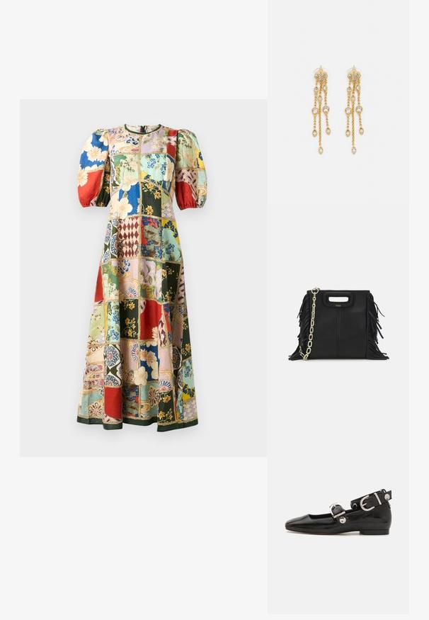 Daugiakampė medvilninė suknelė, pagaminta iš daugybės spalvų, su pūstomis rankovėmis, apvaliu iškirpimu ir įvairiais gėlių bei geometriniais raštais. Ilgo sijono dizainas.; Juodas lakinės odos plokščias batelis su kvadratiniu pirštu, kulkšnies dirželiu su sidabro detalėmis ir plokščiu padu. Sklandus paviršius su minimalistišku dizainu.; Juodas odinis rankų darbo rankinys su frinzuotomis detalėmis, auksine grandinės petneša ir išpjauto dizaino rankena. Pirmoje pusėje yra logotipo vieta.; Aukso spalvos auskarai su keliais kaskadiniais grandinėlėmis, su skaidriais ovaliais kristalų akcentais ir dekoratyviniais auskarų priekiais.