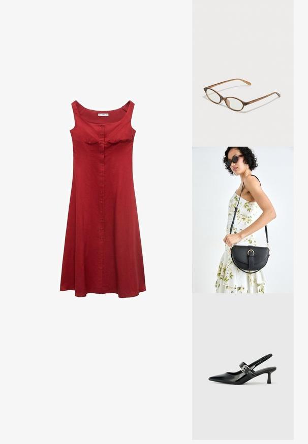 Red sleeveless dress with a fitted bodice, scoop neckline, and buttoned front. Made from a smooth fabric, it has a flared skirt.; Black patent leather slingback heels with a pointed toe and a small block heel, featuring a silver buckle accent on the strap.; Brown tortoiseshell glasses with oval lenses, thin arms, and transparent accents. Features a subtle logo on the temple. Sleek, lightweight design.; Black leather handbag with a curved shape, detachable strap, and gold hardware. The bag features a flap with a buckle detail.
