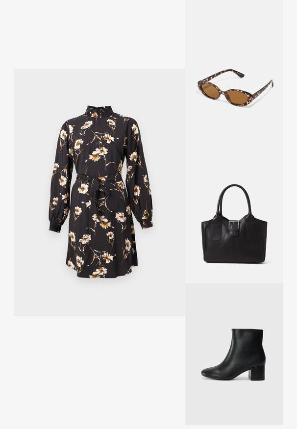 Vestido floral em tecido preto com padrão de flores brancas e castanhas, apresentando um colarinho alto pregueado, mangas bufantes e uma cintura atada.; Botas de tornozelo em pele preta com bico pontiagudo e um salto robusto. Textura suave com acentos mínimos e um design ajustado e elegante.; Óculos de sol em tartaruga com lentes ovais, com tonalidade castanha, hastes finas com padrão texturizado, estrutura leve em plástico.; Bolsa tote de couro preta com textura suave, forma estruturada, duas alças e um destaque prateado proeminente na parte da frente.
