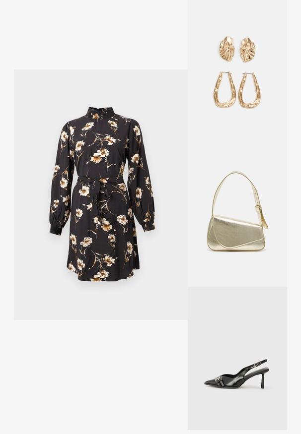 Musta mekko, jossa on beigen ja kullanvärinen kukkakuvio. Mekossa on korkea smokkukaulus, pitkät hihat ja vyötärönauha muotoilua varten.; Musta patenttinen nahkainen slingback-kengät, joissa on terävä nenä, nilkkahihnat hopeisilla soljilla ja varusteilla sekä hoikka korko.; Kultainen metallinen käsilaukku, jossa on jämäkkä muotoilu, sileä pinta ja säädettävä olkahihna. Sisältää ainutlaatuisen kolmiomaisen muodon ja minimalistisen tikkaustyylin.; Korukultainen korvakorut, joissa on teksturoituja, aaltoilevia muotoja. Mukana on veistokselliset klipsikorvakorut ja avoin rengasmalli, jossa on vasaroitu pinta.