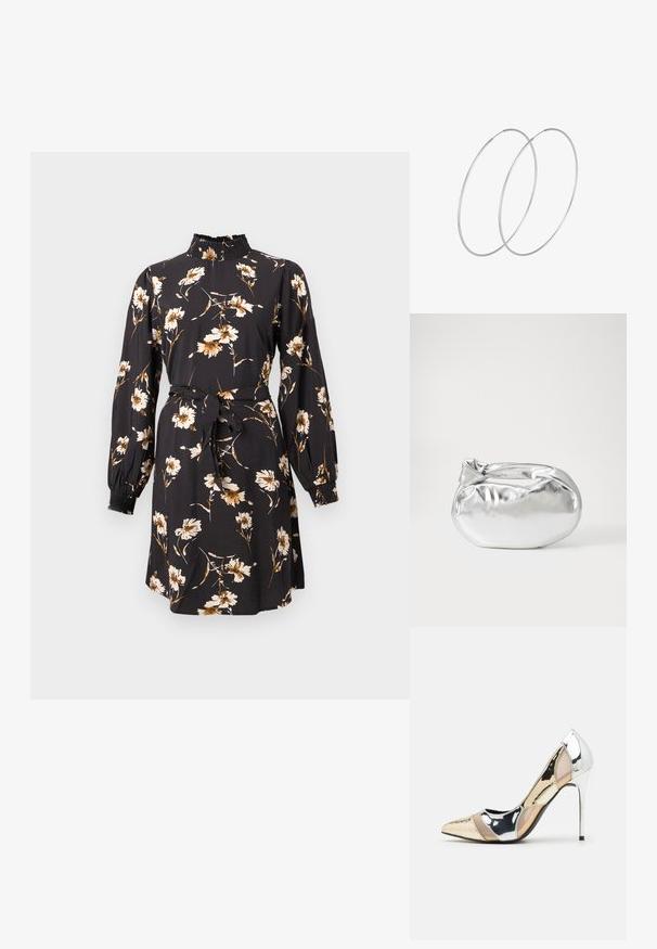 Gėlių suknelė iš juodo audinio su baltais ir rudais gėlių raštais, pasižyminti aukšta smuktos apykakle, pūstomis rankovėmis ir saya juosmeniu.; Aštrus pirštas aukštakulnis batelis su sidabro, aukso ir nuogų spalvų deriniu. Blizgus paviršius su išpjovos dizainu, su stiletto kulnu.; Sidabrinė metalinė maišelio forma su švelnia, apvalia forma ir mazgu užveriamu viršumi. Pagaminta iš lygios dirbtinės odos medžiagos.; Sidabrinės pusmėnulio auskarai minimalistiniu dizainu. Apskritimo forma, lygus paviršius ir plonas profilis. Lengvi su poliruotu apdailu.