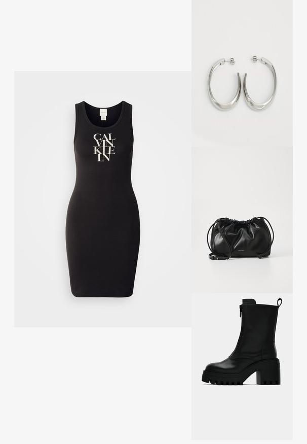 Svart tankkjole laget av myk bomull med en figursydd design. Har trykt logo i hvitt, med fet, stilisert skrift foran.; Sorte lær ankelsko med kraftig såle, blokkhæl, sidelukking med glidelås og trekketap bak på ensfarget hvit bakgrunn.; Svart lærveske med samlet design, dobbel snoråpning og avtagbar skulderrem. Har metallisk logodetalj.; Sølvøreringer med en jevn, buet design. Har en blank metallisk finish og en studlås. Ingen synlige mønstre eller aksenter.