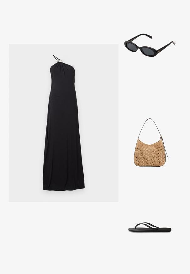Črna obleka s halter vratom, izdelana iz mehkega, raztegljivega materiala. Zasnovana je z drapirano obliko, prilegajočim se korzetom in tekočim krilom. Brez opaznih okrasnih elementov.; Črne natikače z teksturirano gumijasto podlogo, dvema ozkima trakoma in subtilnim, vtisnjenim logom na traku.; Črne oversize sončne očala z ovalnimi lečami, gladkim plastičnim okvirjem in zlatenimi detajli na templjih. Temne leče zagotavljajo zaščito pred soncem.; Tkanina iz slame za ramensko torbico s ukrivljeno obliko, ki ima temno usnjeno naramnico in teksturo s chevron vzorcem.