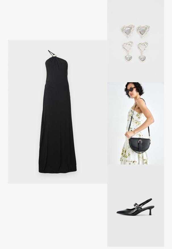 Fekete, nyakpántos ruha, puha, elasztikus anyagból készült. Drapált dizájnnal rendelkezik, karcsú felső résszel és bő szoknyával. Nincsenek figyelemfelkeltő díszítések.; Fekete lakkbőr slingback sarkú cipők hegyes orral és kis blokk talppal, ezüst csat díszítéssel a pánton.; Fekete bőrtáska ívelt formával, levehető pánttal és arany színű fémrészekkel. A táskán egy csattal díszített fedél található.; Ez az ezüst szív alakú fülbevaló sima, átlátszó kövekkel rendelkezik, texturált kerettel. A készlet stud és csepp stílust is tartalmaz.