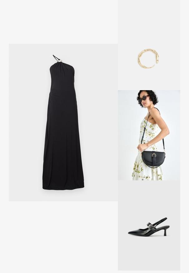 Must have trikoloor kaeluskleit, mis on valmistatud pehmest, venivast kangast. Omab voogavat disaini kinnise bodice ja voolava seeliku ning ei sisalda silmapaistvaid kaunistusi.; Mustad patenteeritud nahast sildiga kontsad, millel on terav nina ja väike plokk-konts, mille rihmal on hõbedane pandla aksessuaar.; Mustmust mustraha kõverate joontega, eemaldatava rihmaga ja kuldsete detailidega. Kotil on klapp, millel on pandladetail.; Kuldtoonis sõrmus, millel on orgaaniline, keerdunud disain sileda tekstuuri ja kitsenevate otstega, luues kaasaegse skulptuurilise välimuse.