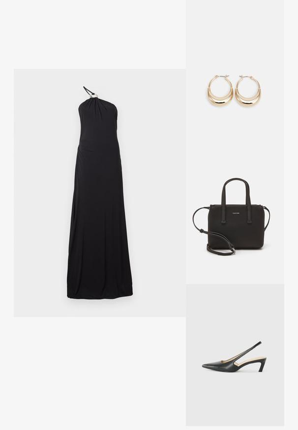 Černé šaty s halter krkem vyrobené z měkkého, elastického materiálu. Mají zavěšený design s přiléhavým korzetem a volnou sukní. Bez výrazných ozdob.; Černý špičatý slingback s nízkým podpatkem, vyrobený z hladké kůže, s výřezem na boku pro lepší prodyšnost.; Černá kabelka s dvojitými krátkými uchy a odnímatelným ramenním popruhem. Hladký koženkový materiál s uzávěrem na zip a detailem loga.; Náušnice ve tvaru kroužku zlaté barvy s půlměsícovým tvarem, lesklým povrchem a závěrečným uzávěrem. Hladká textura a reflexní povrch zvyšují viditelnost.