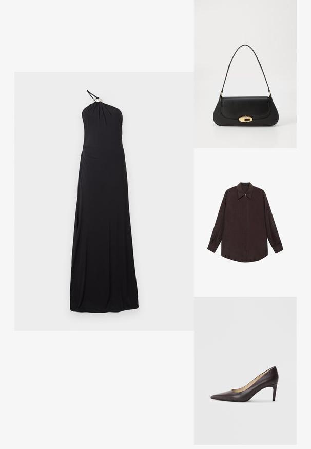 Crna halter haljina izrađena od mekog, rastezljivog materijala. Ima drapirani dizajn s prilagođenim korzetom i lepršavom suknjom. Nema značajnih ukrasa.; Košulja dugih rukava od tamnosmeđeg materijala s oštrim kragnom, prednjim dugmadi na zatvaranju i ravno rezanom rubu. Glatka tekstura i opušteni kroj.; Crne kožne visoke potpetice s uskim vrhom, glatkom teksturom i tankom stiletto potpeticom. Unutrašnjost pokazuje bež oblogu.; Crna kožna torba s zakrivljenim dizajnom, zlatnim detaljima i gornjom drškom. Ima elegantno zatvaranje i glatku teksturu.