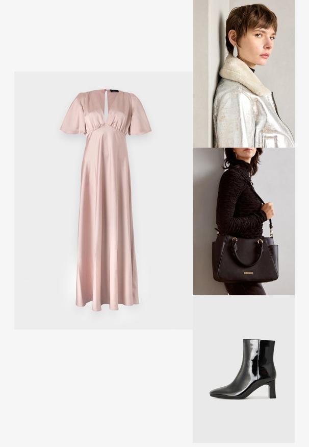 Long, pale pink satin dress with a keyhole neckline, short flutter sleeves, and flowing skirt. Smooth texture, minimal design details.; Black patent leather ankle boot with a pointed toe and a mid-height block heel. Smooth texture and minimalist design.; Black handbag with textured surface, dual top handles, and adjustable shoulder strap. Features gold-tone hardware and side pockets.; Silver metallic leather jacket with shearling collar, featuring a zip closure and textured surface. Large teardrop earrings with clear gemstones.