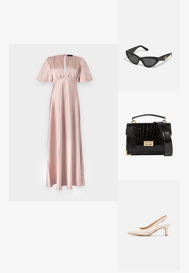 Lange, lichtroze satijnen jurk met een sleutelgat halslijn, korte flap mouwen en een vloeiende rok. Vlekkeloze textuur, minimale ontwerpdetails.; Witte slingback hak met een spitse neus, glad bovenmateriaal, lage blokhak en een design met uitsparingen aan de zijkant, voorzien van een verstelbare gespsluiting.; Cat-eye zonnebrillen met een matte zwart plastic frame, donkere lenzen en een gouden logo-accent op de poot. Hoekig ontwerp en een soepele textuur.; Zwarte patenten leren handtas met een krokodillenstructuur, gouden hardware, een bovenhandvat en een afneembare schouderband. Rechthoekige vorm met een klepafsluiting.