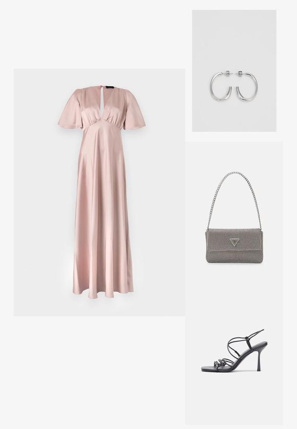 Pitkä, vaaleanpunainen satiinimekko, jossa on avainaukko kaula-aukko, lyhyet lepattelevat hihat ja lainehtiva helma. Suloinen tekstuuri, minimaalinen muotoilun yksityiskohta.; Mustat korkokengät sandaalit, joissa on ohuet hihnat solmittuna, sileä neliön muotoinen varvasosa ja tyylikäs stiletto-korko.; Vaalea harmaa metallinen käsilaukku, jossa on ketjusanka. Laukku on koristeltu pienillä pyöreillä metallikoruilla ja kolmion muotoisella brändilogolla.; Hopehopeet hopehopeet hopehopeet hopehopeet, jolla on sileä, kiiltävä pinta. Pyöreä muoto, kevyt rakenne, jossa on neulakiinnitys.