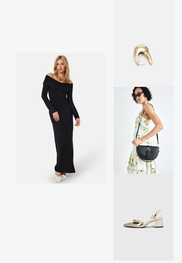 Bubbleroom SOFT OFF SHOULDER MAXI DRESS - Maxiklänning - black; Guld, metalliska slingback-klackar med spetsig tå och chunky klack. Slät textur, minimalistisk design och en smal rem.; Svart läderhandväska med en böjd form, avtagbar rem och guldiga detaljer. Väskan har ett lock med en spänndetalj.; Örhänge i guldtonad metall med en elegant, böjd design. Har en distinkt spetsig form, polerad yta och gångjärnslås.