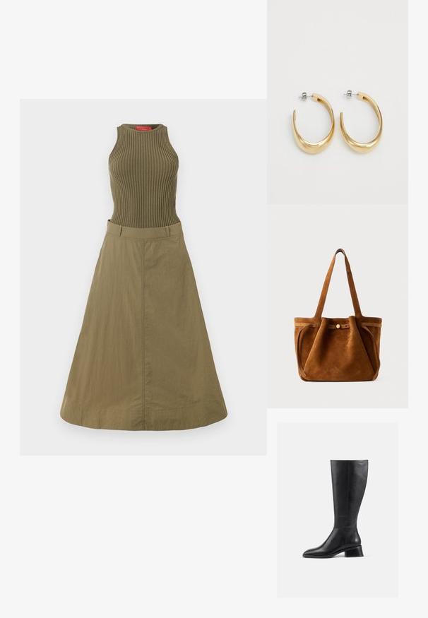 Olivově zelené šaty s žebrovaným topem a volnou sukní. Materiál má hladkou texturu a design zahrnuje přiléhavý korzet a široký lem.; Černá kožená bota do výšky kolen s kulatou špičkou a nízkým blokovým podpatkem. Má hladký povrch a minimální švy.; Hnědá semišová taška s dvojitými uchy, páskem na knoflíkovém uzávěru a uvolněným, mírně pokleslým tvarem.; Zlaté kroužkové náušnice s hladkým, zakřiveným designem. Vyrobené z kovu, mají elegantní povrchovou úpravu a uzávěr s hrotem.