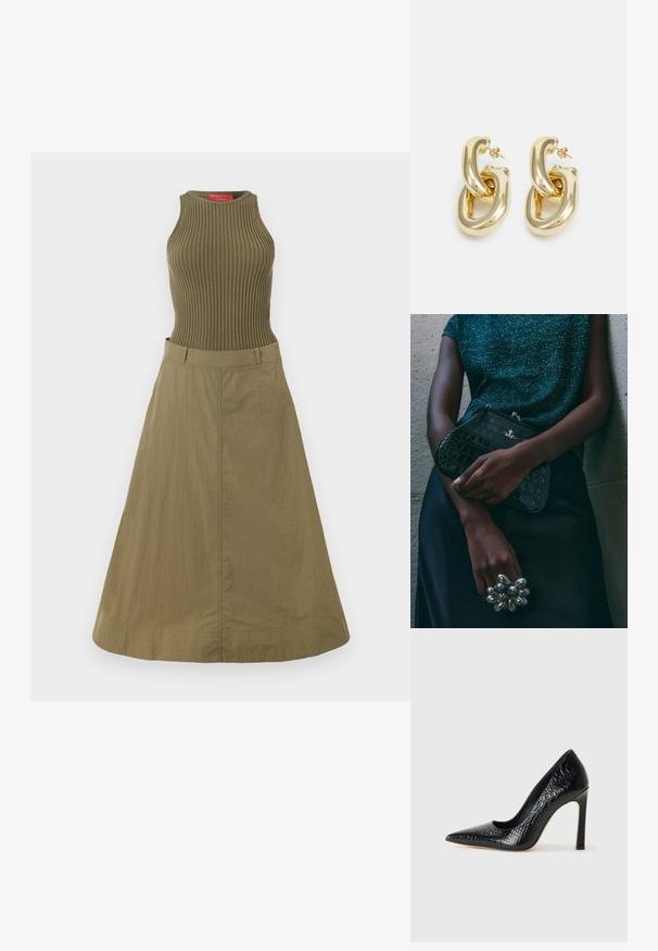 Olivengrøn kjole med ribbet top og let skørt. Stoffet har en glat overflade, og designet har en tætsiddende liv og en bred nederkant.; Sorte spidse tå stiletto-sko i krokodilleskind med et strømlinet design, høj hæl og glat sort inderside.; Sorte clutchtaske med krokodillemønster og sølvhardware, holdt mod en tekstureret grå baggrund. Har en blank overflade.; Rabanne XL LINK DOUBLE HOOP EARRINGS - Øreringe - gold-coloured