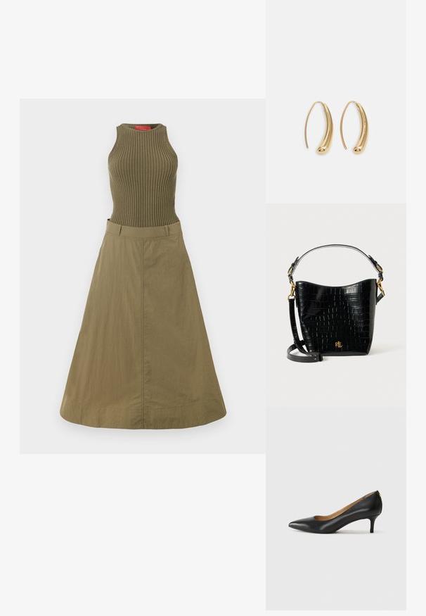 Robe verte olive avec un débardeur à côtes et une jupe fluide. Le tissu a une texture lisse, et le design présente un corsage ajusté et un ourlet large.; Pompe noire en cuir avec un embout pointu, un petit talon et une texture lisse. Présente une légère ouverture à l'avant et un matériel minimal à l'arrière.; Sac en cuir noir à motif crocodile, de forme courbée, avec des accents en métal doré, une bandoulière ajustable et un détail de logo à l'avant.; Boucles d'oreilles en métal doré en forme d'anneau, avec une forme courbée et allongée. Elles présentent une surface lisse et brillante avec une pointe arrondie pour un détail supplémentaire.