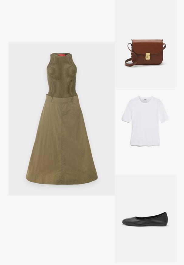 Olivno zelena obleka z rebrastim topom in ležernim krilom. Tkanina ima gladko teksturo, oblikovanje pa vključuje oprijet zgornji del in širok rob.; Bela kratka majica s kratkimi rokavi iz rebrastega materiala. Okrogla ovratnica, običajen kroj in subtilni šivi. Brez vzorcev ali grafik.; Črne usnjene balerinke z zaobljenim nosom, gladko teksturo, minimalnimi šivi in fleksibilno zasnovo podplata.; Rjava usnjena torbica s poklopcem, zlato obarvani okovi, naramnica in gladka tekstura. Kompaktna pravokotna oblika.