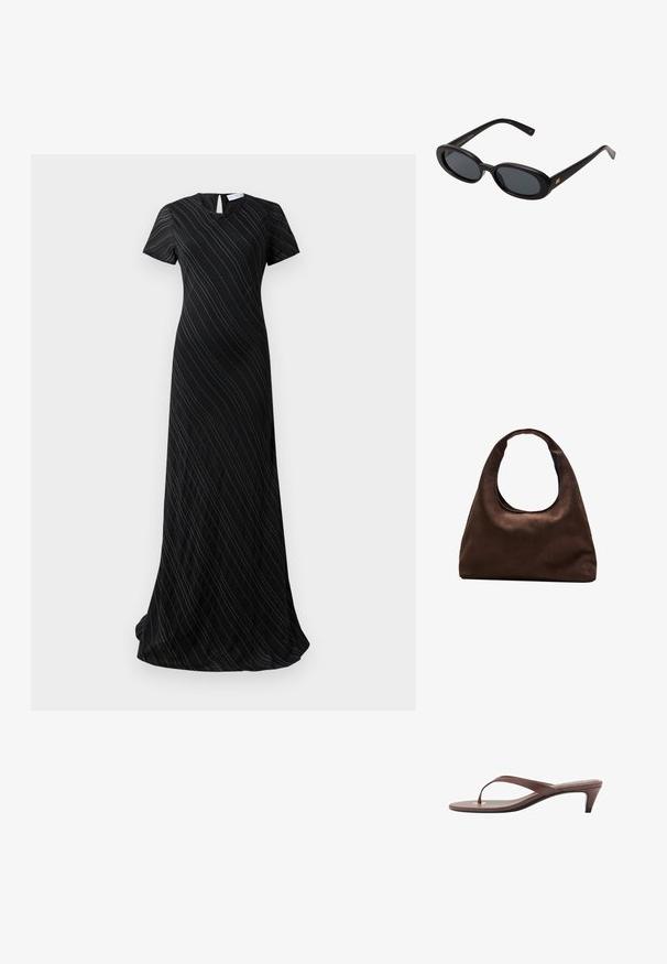 Crna haljina do poda s kratkim rukavima, suptilnim dijagonalnim trakama i malim otvorom u obliku ključa na stražnjem izrezu.; Smeđe natikače na petu s tankim remenom i zaobljenim vrhom, sa malim zlatnim akcentom na ulošku.; Crne velike sunčane naočale s ovalnim staklima, glatkim plastičnim okvirom i zlatnim detaljima na sljepočnicama. Tamna stakla pružaju zaštitu od sunca.; Meka mekana smeđa torba hobo stila s jednim širokim remenom i zakrivljenim otvaranjem na vrhu, prikazana na bijeloj pozadini.