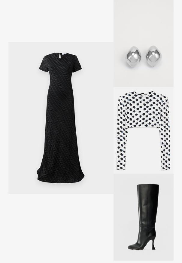 Fekete, földig érő ruha rövid ujjakkal, diszkrét ferde csíkokkal és egy kis kulcslyuk alakú nyílással a hát nyakán.; Rövidített hosszú ujjú felső rugalmas fehér anyagból, fekete pöttyös mintával, sima textúrával és kerek nyakkivágással.; Fekete bőr, térdig érő csizma illeszkedő szárnyi és hegyes orral. Különleges ívelt sarkával és sima textúrájú felületével rendelkezik.; Ezüst fém fülbevalók sima, kerek formával, fényes felülettel és tükröződő hálózattal. Minimalista design, díszítések nélkül.