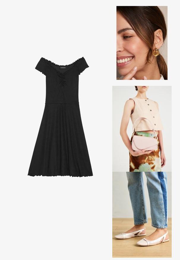 Rochie neagră, fără umeri, confecționată dintr-o țesătură ribbed, cu un corset ajustat, fustă evazată și detalii ondulate la decolteu.; Sandalete plate de un roz pal cu vârf ascuțit, realizate dintr-un material asemănător pielii, neted. Prezintă detalii decupate pe laterale și un toc plat.; Geantă de piele roz cu clapetă curbată, curea simplă pentru umăr și linii curate. Geanta prezintă o textură netedă și un design minimalistic.; Cercei rotunzi din aur cu un design interconectat, având un finisaj lustruit, pe un fundal neutru.