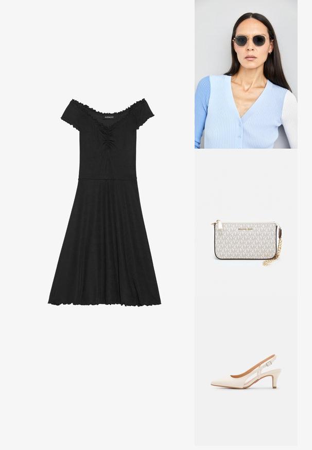Schwarzes schulterfreies Kleid aus geripptem Stoff, mit tailliertem Oberteil, ausgestelltem Rock und gewelltem Detail am Ausschnitt.; Weiße Slingback-Absätze mit spitzer Zehenpartie, glattem Obermaterial, niedrigem Blockabsatz und seitlichem Ausschnitt-Design mit verstellbarem Schnallenriemen.; Runde Sonnenbrillen mit dunklen Gläsern und goldenen Rahmen. Das Modell trägt eine hellblaue, gerippte Strickjacke mit Knöpfen und weißen Kontrastärmeln.; Michael Kors Clutch in beige beschichtetem Canvas mit einem wiederholten MK-Logo-Muster, goldfarbener hardware und einem abnehmbaren Kettenriemen.