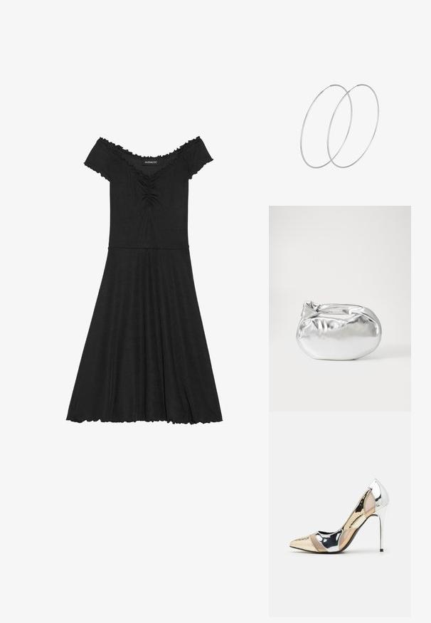 Must mustertop, millel musternahk, millel on vooderdatud lieve, laienev seelik ja laineline detail dekolteel.; Kitsas toe kõrge kontsaga kingad, millel on hõbedane, kuldne ja nude värvilahendus. Läikiv viimistlus lõikekujundusega, stiletto konts.; Hõbedane metallikoti kott pehme, ümar kuju ja sõlme ülemise sulgemisega. Valmistatud siledast kunstnahast materjalist.; Hõbedased rõngastikkaehingad minimalistlikus disainis. Ümar kuju, sile tekstuur ja õhuke profiil. Kerged ning poleeritud viimistlusega.