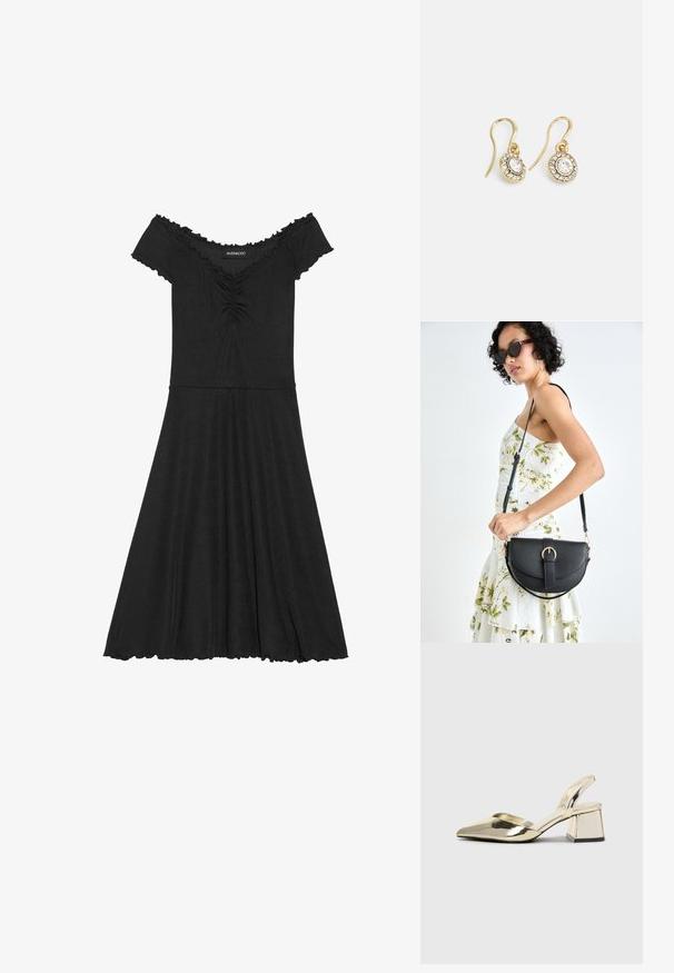 Čierne šaty s odhalenými ramenami vyrobené z rebrovanej tkaniny, s priliehavou korzetovou časťou, rozšírenou sukňou a volánovým detailom na výstrihu.; Zlaté kovové lodičky na podpätku so špicatou špičkou a robustným podpätkom. Hladký povrch, minimalistický dizajn a úzka remienok.; Čierna kožená kabelka s zaobleným tvarom, odnímateľným popruhom a zlatými doplnkami. Kabelka má klopu s detailom s prackou.; Náušnice zlatého odtieňa s oválnymi čírymi kryštáli obklopenými menšími čírými kameňmi, s háčikovým dizajnom pre bezpečné nosenie.