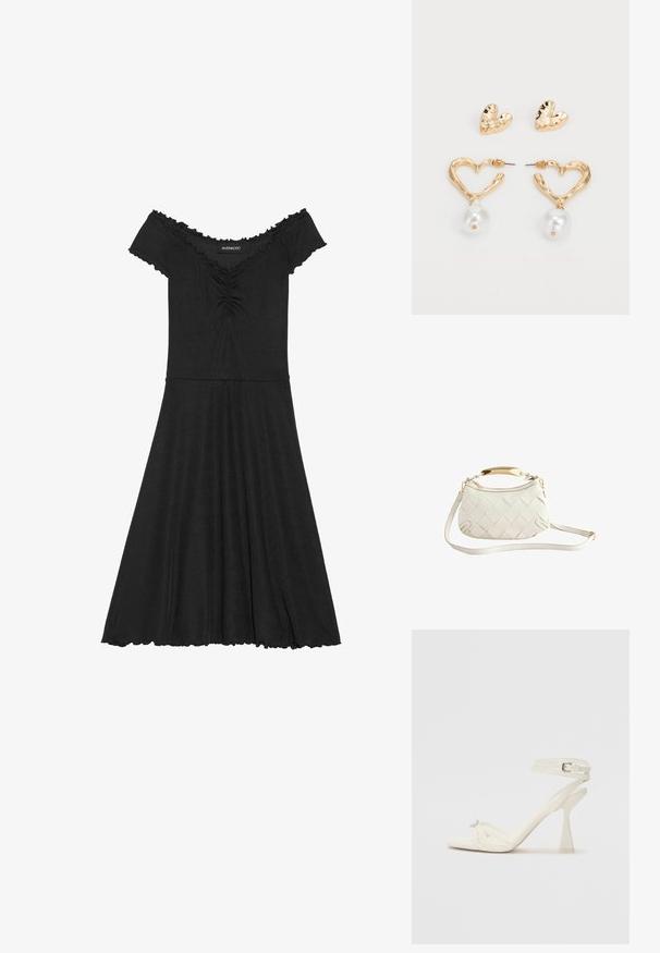 Crna haljina bez naramenica od rebrastog materijala, sa uskim korpusom, lepršavom suknjom i valovitim detaljima na izrezu.; Bijela kožna sandala na visokom potpetici s trakama, elegantnog dizajna, s prozirnom blok potpeticom i dekorativnim elementom na prstima.; Bijela tkanja kožna torba s zlatnim drškom, odvojivim remenom za rame i zaobljenom bazom. Ima zatvarač na vrhu.; Boucle zlatnog tona u obliku srca s teksturiranom završnom obradom, s visećom bisernom akcentom. Uključuje odgovarajuće ljubavne stud-voje.