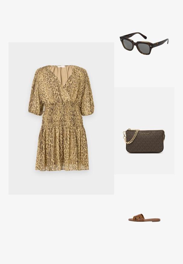 Lyhyt beige mekko, jossa on ruskeaa leopardikuosia, syvä V-muotoinen kaula-aukko, puffimaiset puolihihat sekä kerätty joustava vyötärö ja hame.; Ruskea nahkainen liukusandaali, jossa on ristikkäiset hihnat, tasapohja ja sileä pinta. Yksinkertainen muotoilu ilman koristeita tai kuvioita.; Suorat aurinkolasit, joissa on kilpikonnakuosiset muovikehykset, tummat linssit ja hopeiset yksityiskohdat sivuilla. Valmistettu Italiassa.; Ruskea nahkainen olkalaukku, jossa on logokuvio, kultaketjuolkaint, vetoketjukiinnitys ja kultaiset metalliosat. Kompakti ja suorakulmainen muoto.