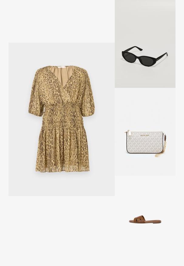 Robe courte beige avec imprimé léopard marron, décolleté en V profond, manches mi-longues bouffantes, et taille et jupe élastiquées froncées.; Sandale en cuir marron avec des brides croisées, semelle plate et texture lisse. Design simple sans embellissements ni motifs.; Lunettes de soleil noires avec une forme étroite et en œil de chat. Fabriquées en plastique lisse, elles présentent des verres foncés et de subtils accents de logo sur les branches.; Porte-monnaie Michael Kors en toile enduite beige avec un motif répété de logo MK, des accessoires en or et une bandoulière en chaîne amovible.