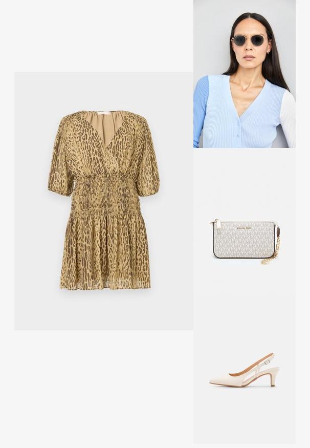 Rochie scurtă bej cu imprimeu leopards maro, decolteu adânc în V, mâneci jumătate puffate și talie elastică strânsă cu fustă evazată.; Sandaie cu toc alb, cu vârful ascuțit, material superior neted, toc mic tip bloc și design cu decupaj lateral, cu curea ajustabilă.; Ochelari de soare rotunzi cu lentile întunecate și rame aurii. Modelul poartă un cardigan ribbed de culoare albastru deschis cu nasturi și mâneci albe în contrast.; Clutch Michael Kors din canva acoperit bej, cu un model repetitiv al logo-ului MK, accesorii din aur și o curea cu lanț detașabil.