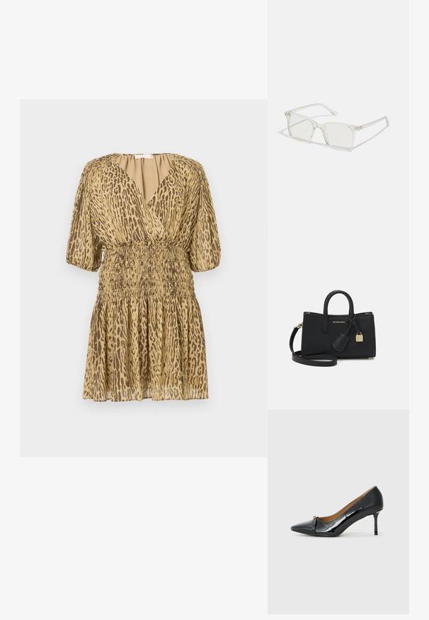 Lühike beež kleit pruunide leopardimustriga, sügava V-kaelusega, puhviga poolte varrukatega ning koondatud elastse vöökoha ja seelikuosa.; Must musta korkeakorkoiset kengät läpikuultavasta mustasta mokasta, joissa on teräväpäinen kärki, koristeellinen nauha edessä ja ohut stilettokorko.; Selge plastmassist ruudukujulised prilliraamid koos läbipaistvate läätsedega, millel on kuldsed aktsendid templitel, et lisada detaile.; Must have mustarasti nahast kott, millel on struktureeritud disain, ülemised käepidemed ja eemaldatav õlarihm. Varustatud kuldsetest detailidest ja logo võlusid.